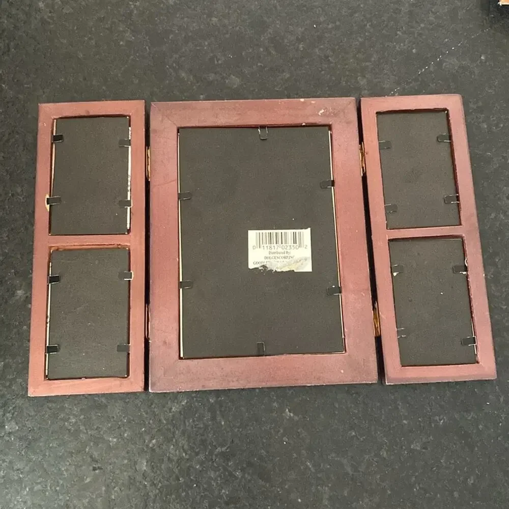 Dark brown wood Tri‎ fold frame for multiple mini photographs